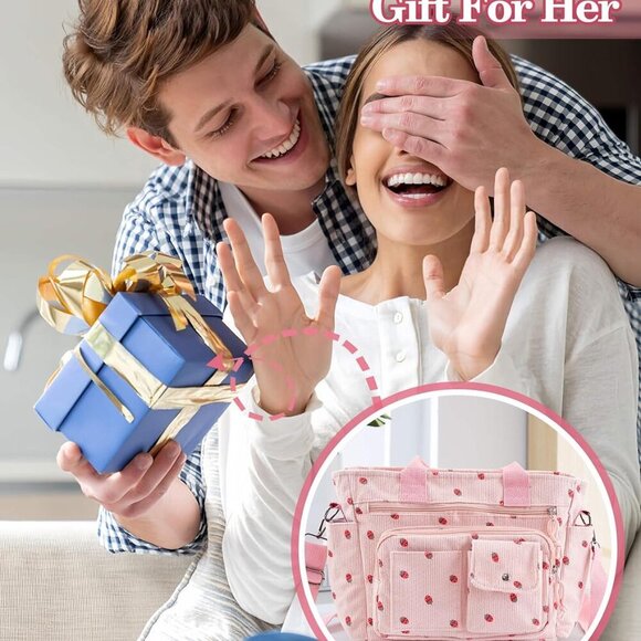 Strawberry Tote Bag Bow Bag With Multi Pocket Women Girls Crossbody Corduroy Han - Picture 6 of 7